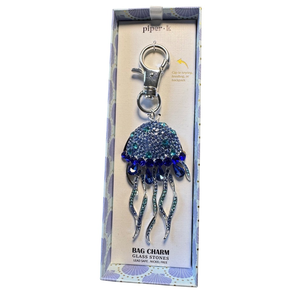 Piper K Jellyfish Bag Charm Blue Teal Glass Stone Crystal Keychain New In Box